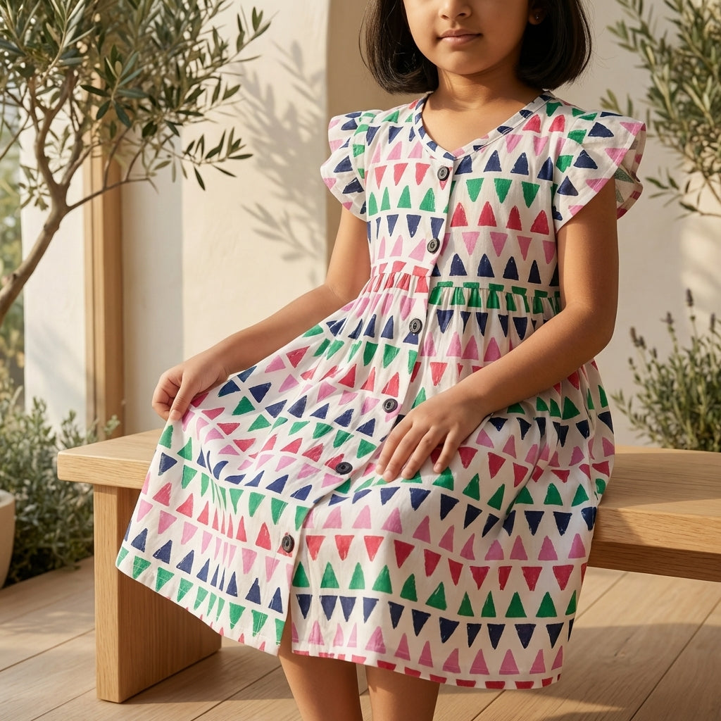 Girls Multicolor Printed Dress – 100% Cotton | Trendy Geometric Design