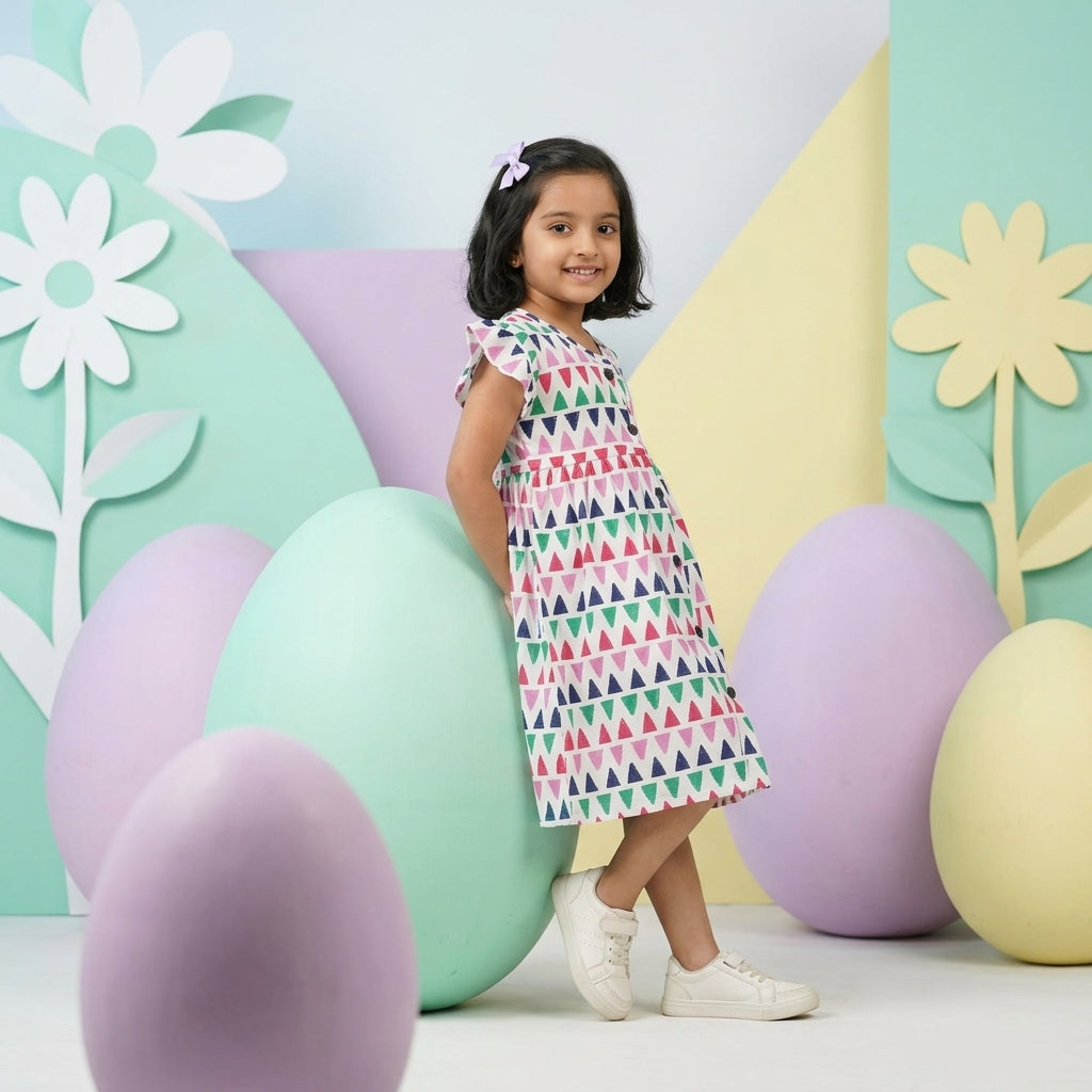 Girls Multicolor Printed Dress – 100% Cotton | Trendy Geometric Design