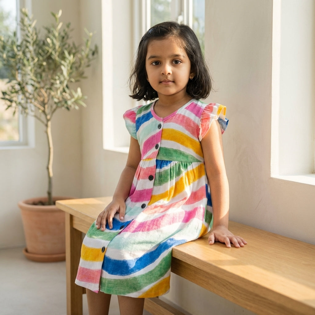 Girls Multicolor Stripe Dress – 100% Cotton | Rainbow Print