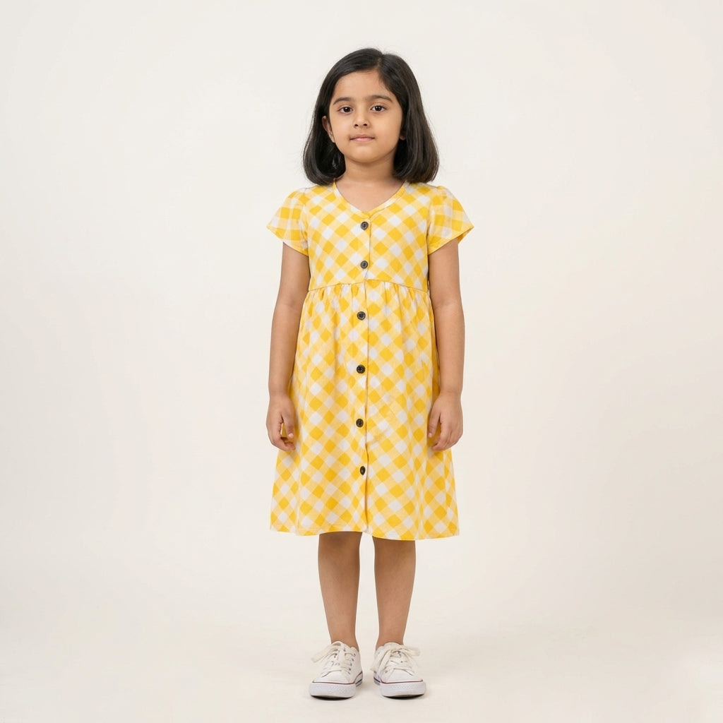 Girls Yellow Checkered Dress – 100% Cotton | Stylish Button-Down