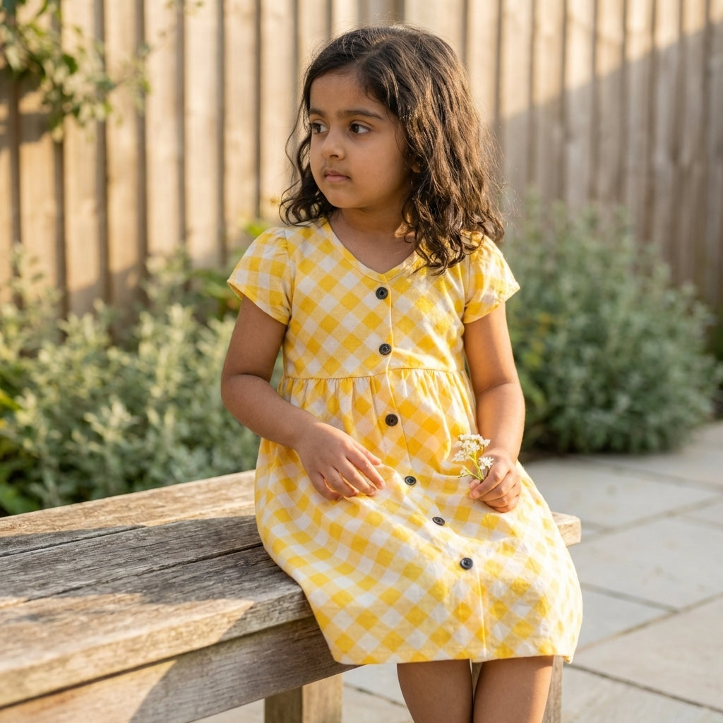Girls Yellow Checkered Dress – 100% Cotton | Stylish Button-Down