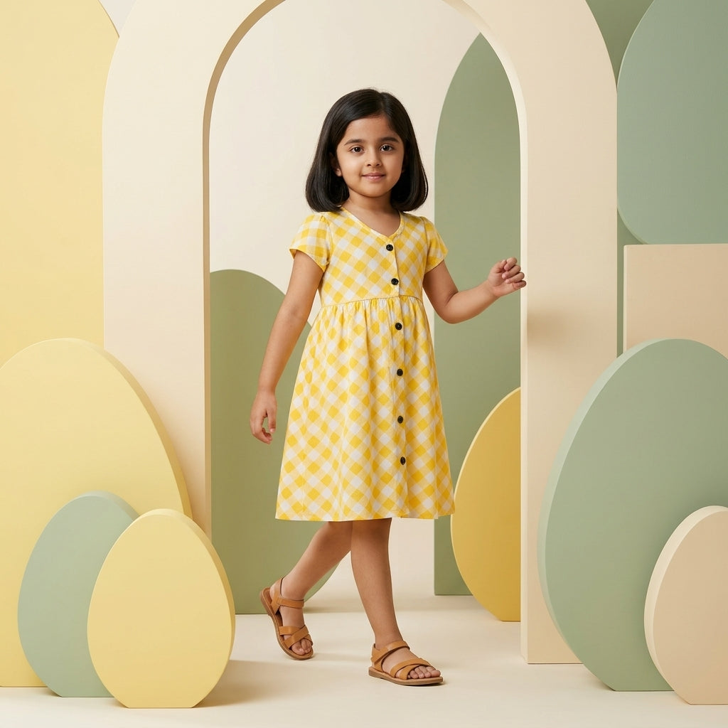 Girls Yellow Checkered Dress – 100% Cotton | Stylish Button-Down