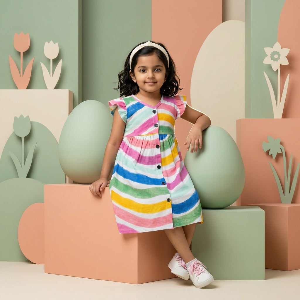 Girls Multicolor Stripe Dress – 100% Cotton | Rainbow Print