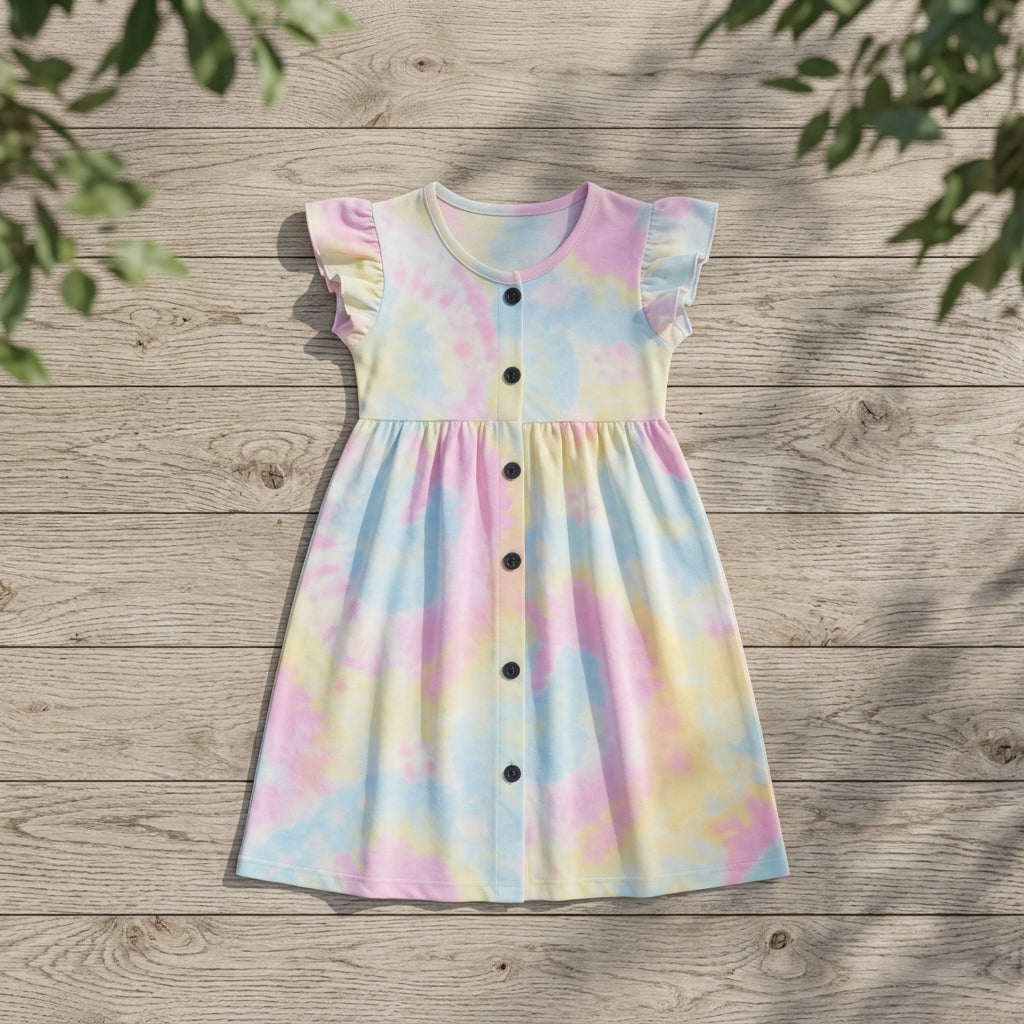 Girls Pastel Tie-Dye Dress – 100% Cotton | Multicolor Soft Design