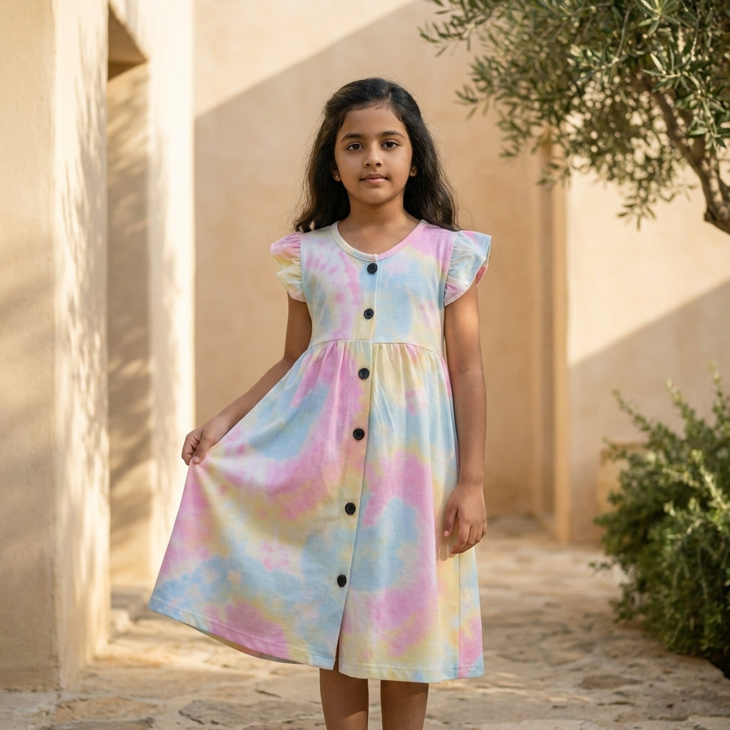 Girls Pastel Tie-Dye Dress – 100% Cotton | Multicolor Soft Design