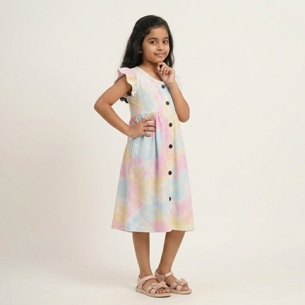 Girls Pastel Tie-Dye Dress – 100% Cotton | Multicolor Soft Design