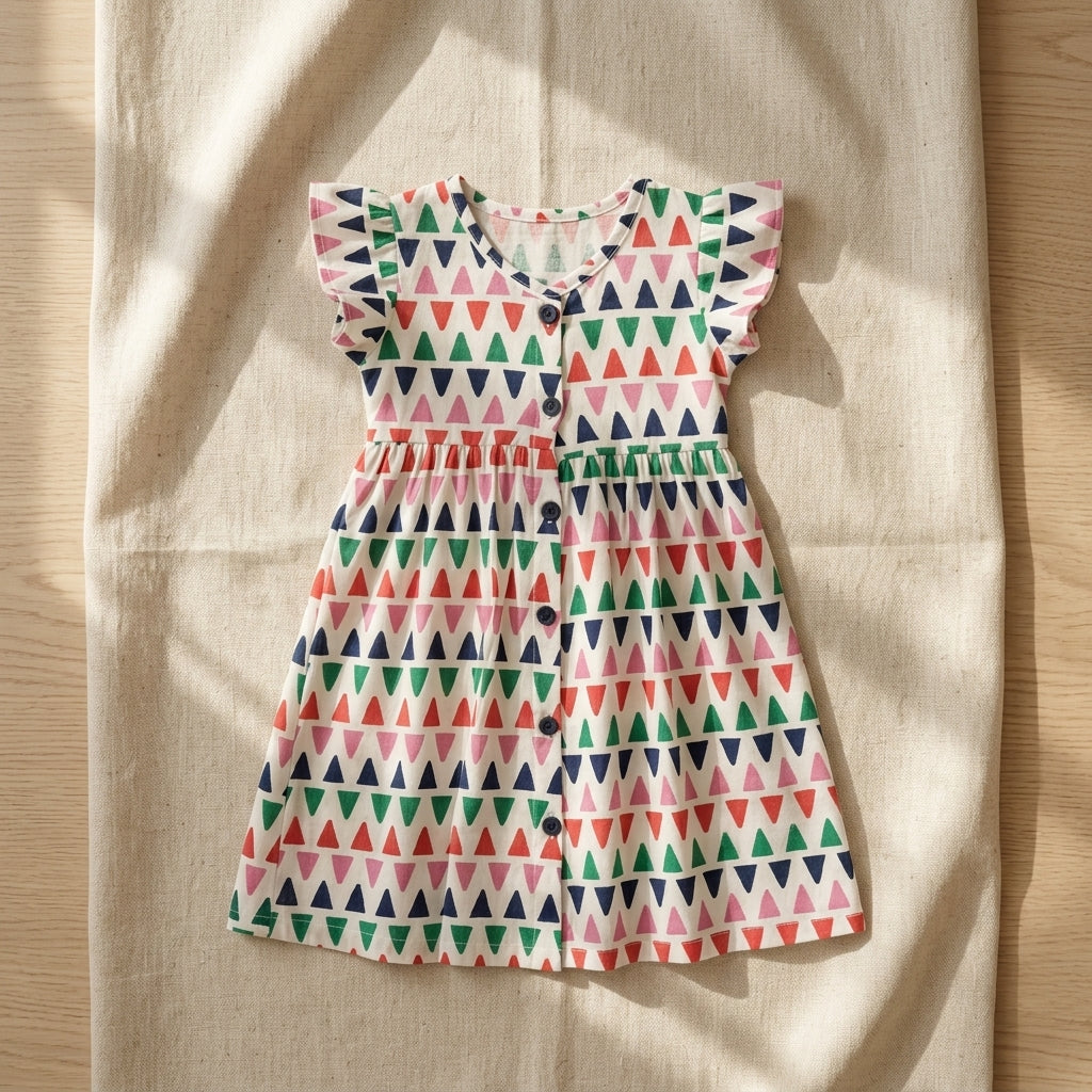Girls Multicolor Printed Dress – 100% Cotton | Trendy Geometric Design