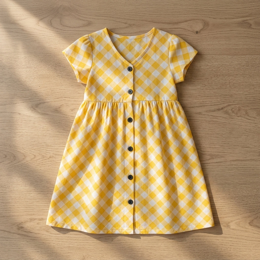 Girls Yellow Checkered Dress – 100% Cotton | Stylish Button-Down