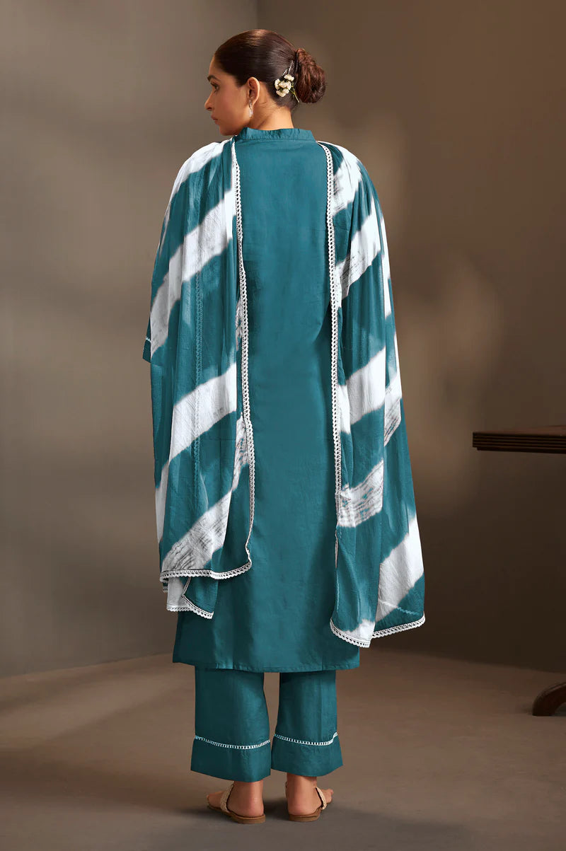 Rama Pure Cotton Schiffli Embroidered Straight Kurta Set with Cotton Pants & Najmin Chiffon Dupatta