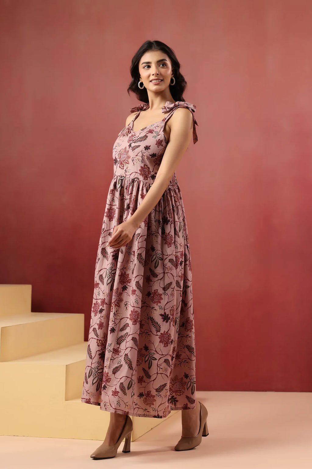 Dusty Pink Floral Printed Pure Cotton Maxi Dress — Shoulder Tie Straps | Elasticated Back