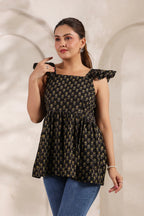 Black Pure Cotton Gold Booti Printed Peplum Top