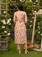Peach Multicolour Floral Print Pure Cotton Straight Kurta & Pants Set with Self-Embroidery Detail