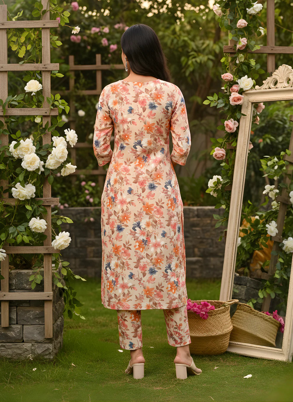 Peach Multicolour Floral Print Pure Cotton Straight Kurta & Pants Set with Self-Embroidery Detail