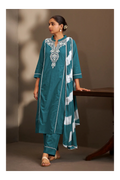 Rama Pure Cotton Schiffli Embroidered Straight Kurta Set with Cotton Pants & Najmin Chiffon Dupatta