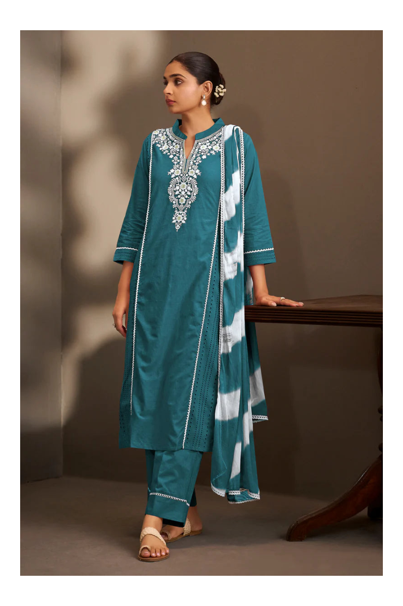 Rama Pure Cotton Schiffli Embroidered Straight Kurta Set with Cotton Pants & Najmin Chiffon Dupatta