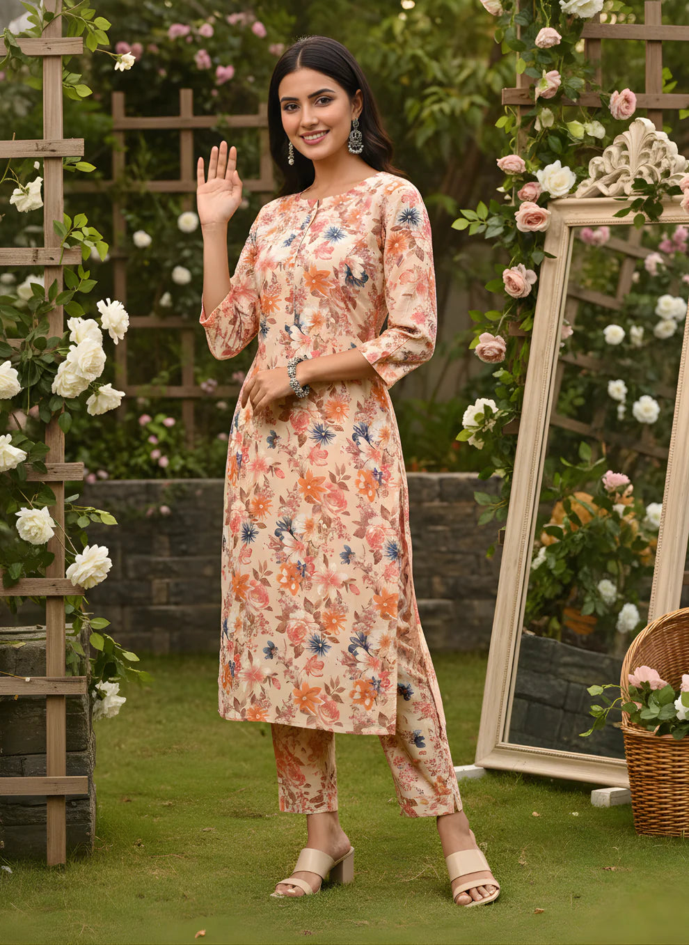 Peach Multicolour Floral Print Pure Cotton Straight Kurta & Pants Set with Self-Embroidery Detail