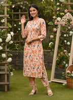 Peach Multicolour Floral Print Pure Cotton Straight Kurta & Pants Set with Self-Embroidery Detail