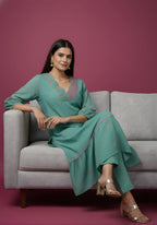 Sea Green Mul Chanderi Tiered Kurta & Pants Set with Embroidered Angrakha Yoke & Puff Sleeves