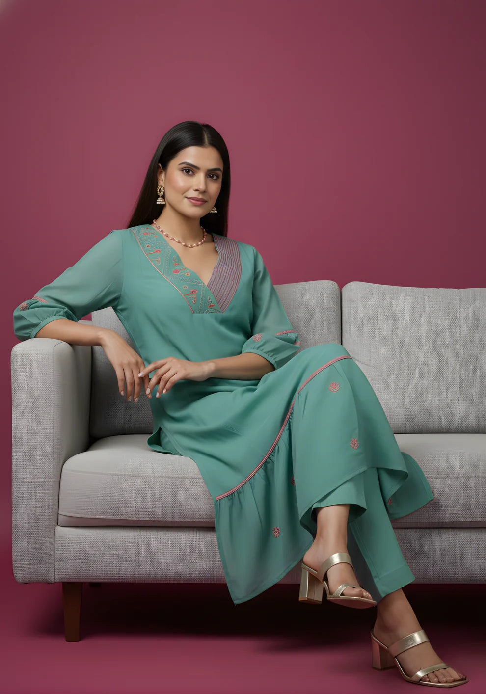 Sea Green Mul Chanderi Tiered Kurta & Pants Set with Embroidered Angrakha Yoke & Puff Sleeves