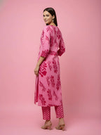 Baby Pink Tone-on-Tone Floral & Leaf Print Pure Cotton Straight Kurta & Striped Pants Set with Embroidered V-Yoke