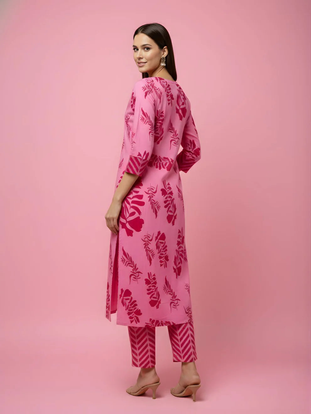 Baby Pink Tone-on-Tone Floral & Leaf Print Pure Cotton Straight Kurta & Striped Pants Set with Embroidered V-Yoke