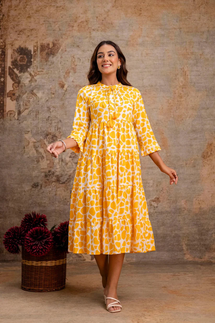 Sunshine Yellow Printed Pure Cotton Dress for Women
