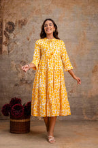 Sunshine Yellow Printed Pure Cotton Dress for Women