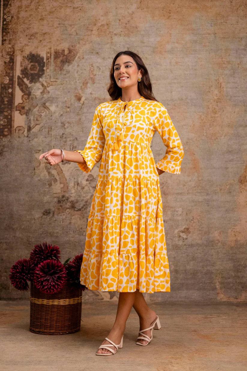Sunshine Yellow Printed Pure Cotton Dress for Women