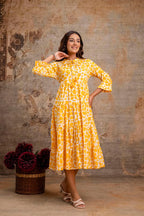 Sunshine Yellow Printed Pure Cotton Dress for Women