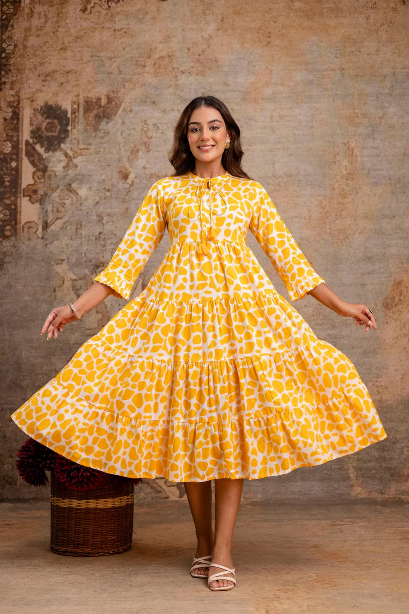 Sunshine Yellow Printed Pure Cotton Dress for Women