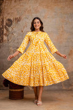 Sunshine Yellow Printed Pure Cotton Dress for Women