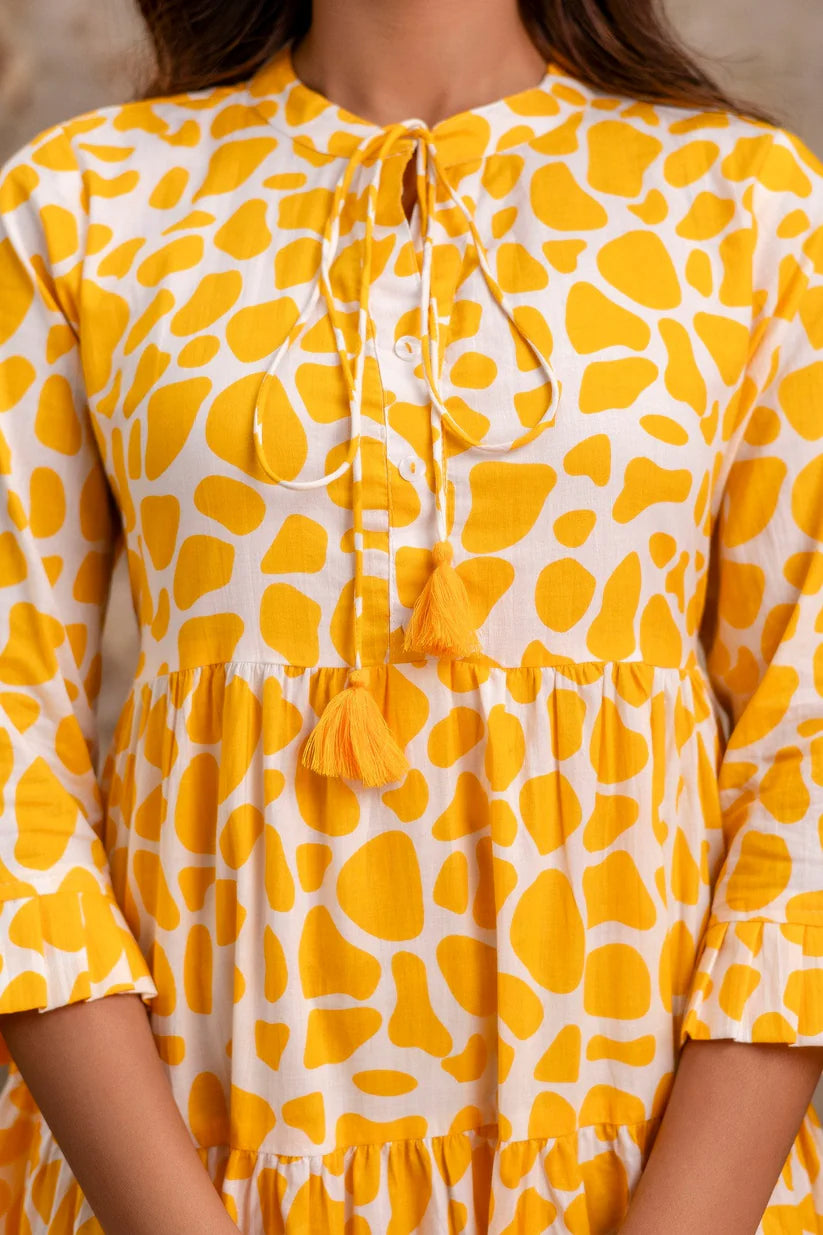 Sunshine Yellow Printed Pure Cotton Dress for Women