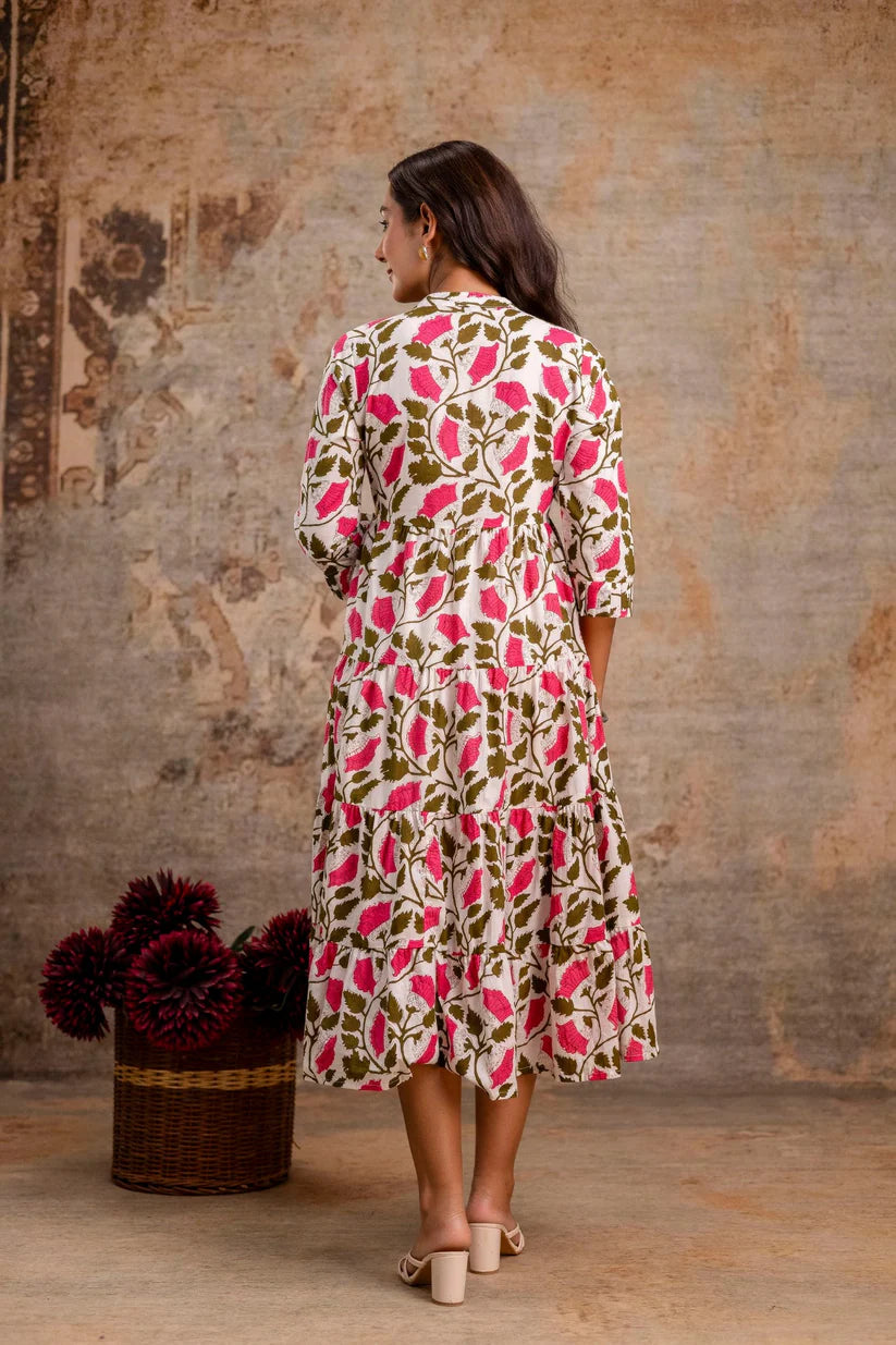 Pink Floral Pure Cotton Midi Dress