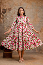 Pink Floral Pure Cotton Midi Dress