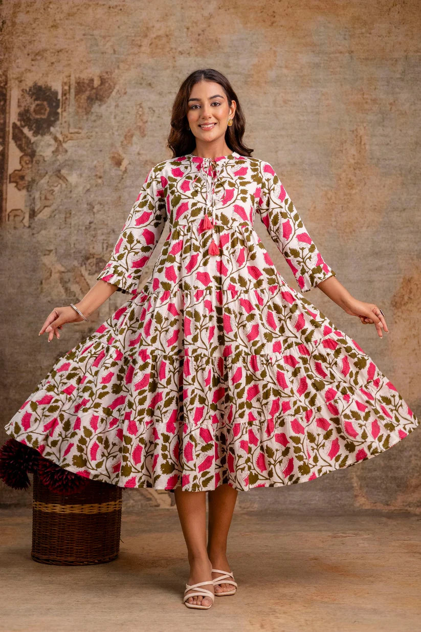 Pink Floral Pure Cotton Midi Dress