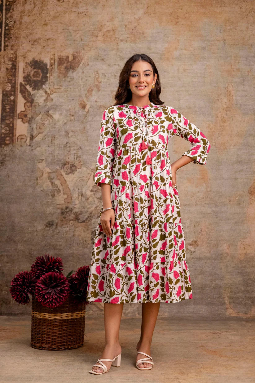 Pink Floral Pure Cotton Midi Dress