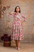 Pink Floral Pure Cotton Midi Dress