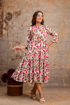 Pink Floral Pure Cotton Midi Dress