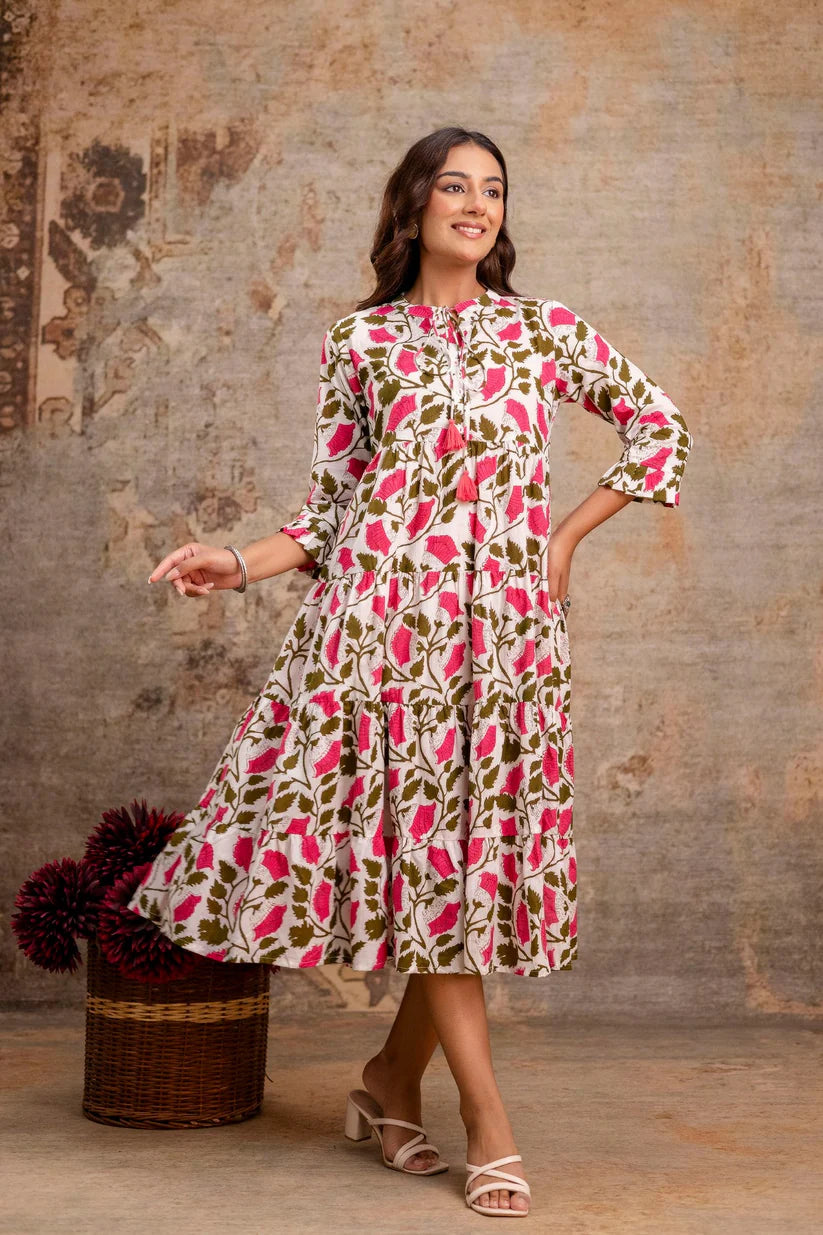 Pink Floral Pure Cotton Midi Dress