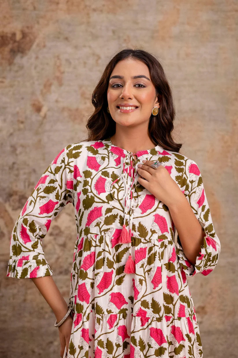 Pink Floral Pure Cotton Midi Dress