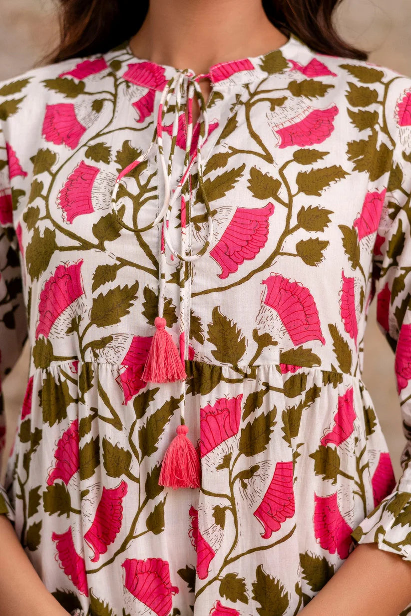 Pink Floral Pure Cotton Midi Dress