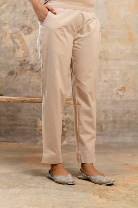Beige Premium Cotton Ankle-Length Pants — Elegant Straight Fit Daily Wear