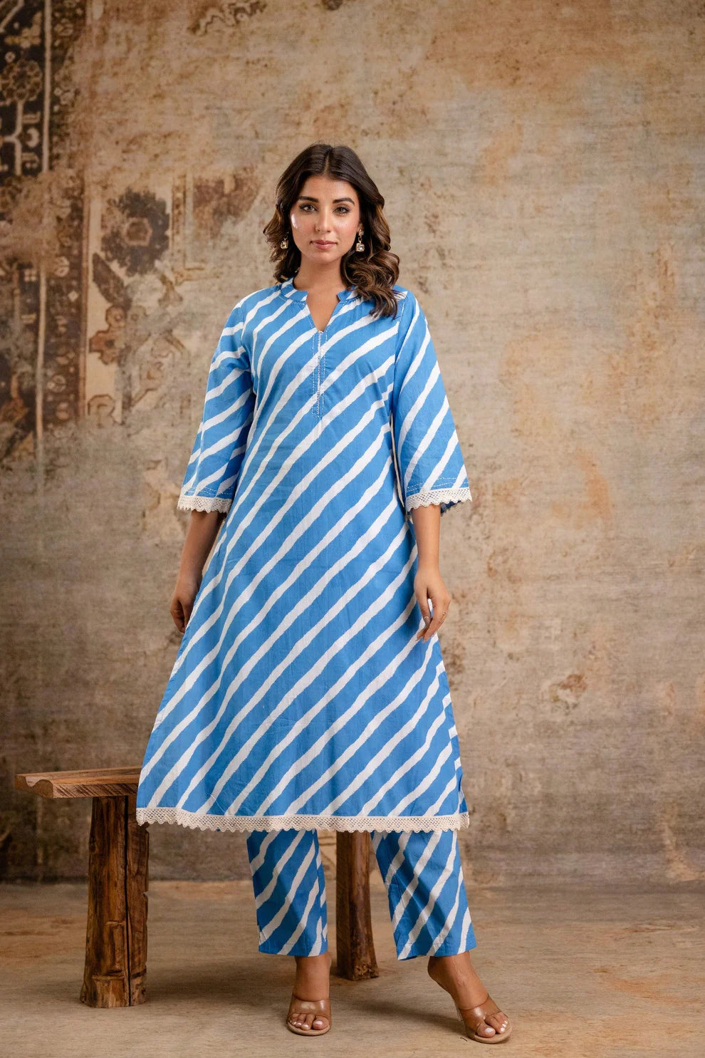 Sky Blue Striped Cotton Kurta Set for Women – Soft Co-Ord Summer Wear