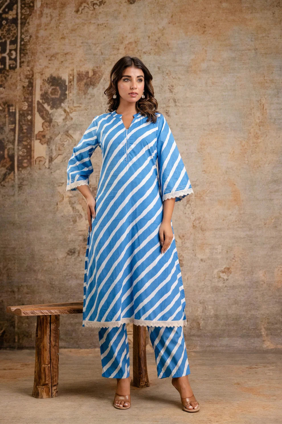 Sky Blue Striped Cotton Kurta Set for Women – Soft Co-Ord Summer Wear