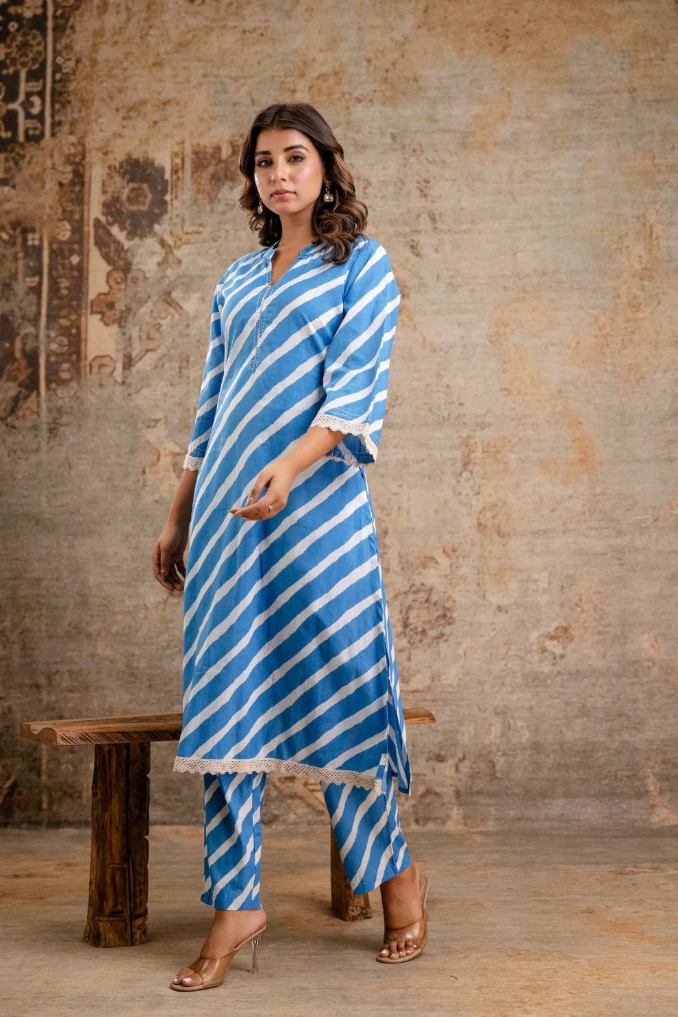 Sky Blue Striped Cotton Kurta Set for Women – Soft Co-Ord Summer Wear