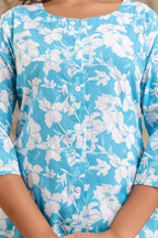 Elegant Blue Floral Printed Kurta Set in Pure Cotton