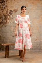 White & Blush Floral Pure Cotton Midi Dress
