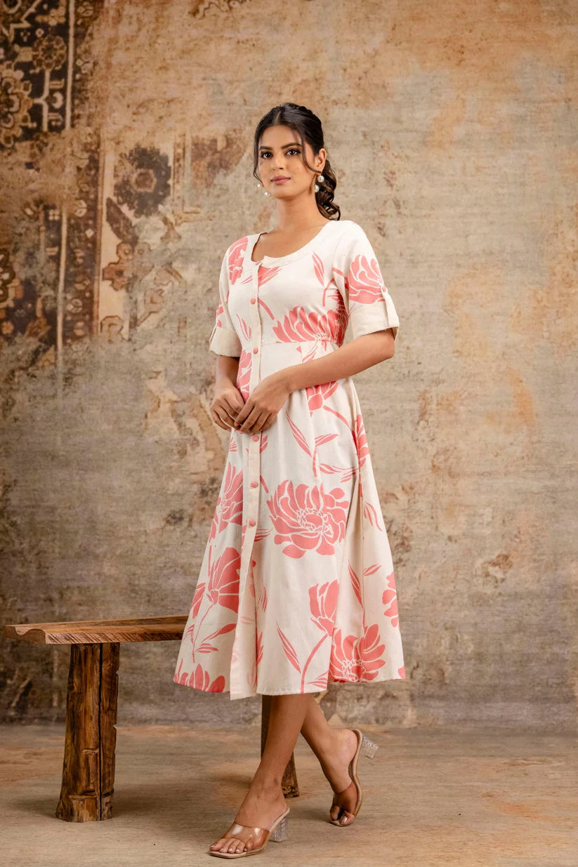White & Blush Floral Pure Cotton Midi Dress