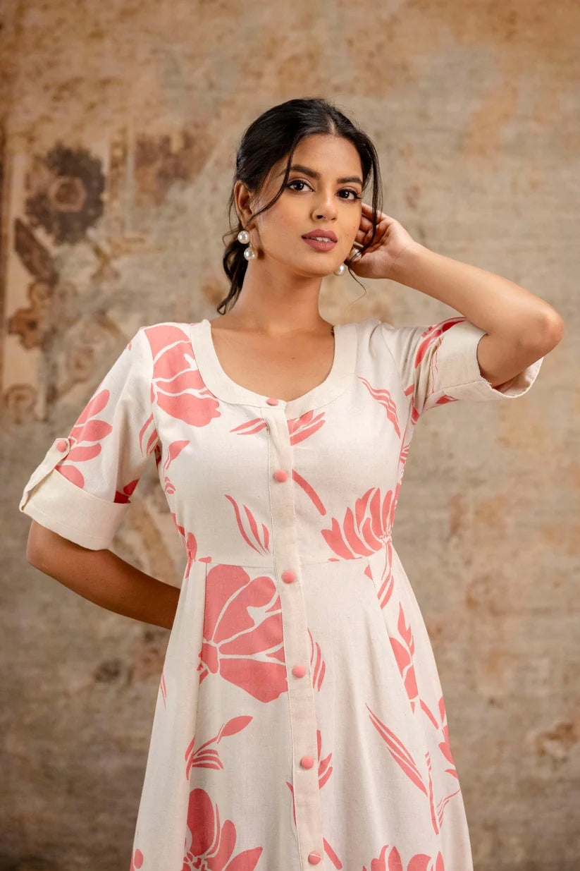 White & Blush Floral Pure Cotton Midi Dress