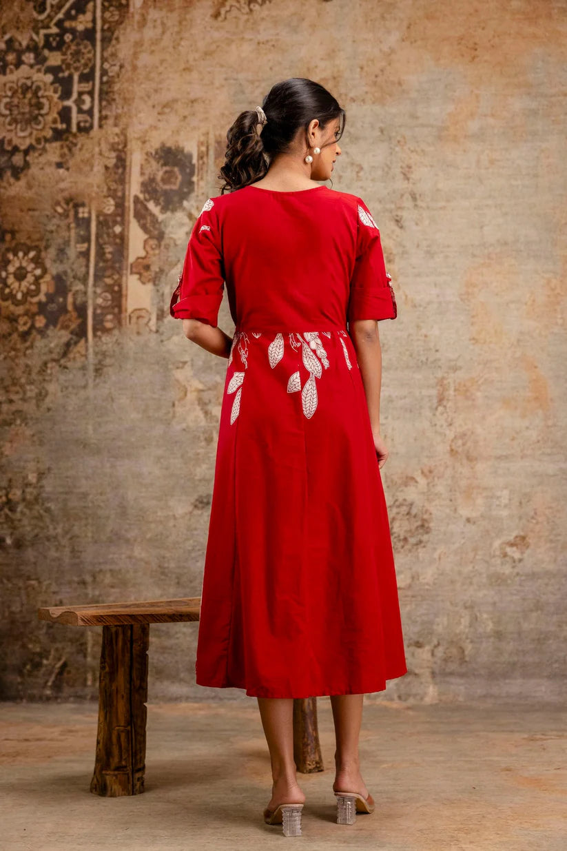 Red Floral Pure Cotton Midi Dress